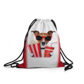 Рюкзак-мешок 3D с принтом собака-киноман в Тюмени, 100% полиэстер | плотность ткани — 200 г/м2, размер — 35 х 45 см; лямки — толстые шнурки, застежка на шнуровке, без карманов и подкладки | кино | отдых | очки | попкорн | собака | телефон | терьер