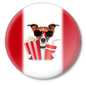 Значок с принтом собака-киноман в Тюмени,  металл | круглая форма, металлическая застежка в виде булавки | Тематика изображения на принте: кино | отдых | очки | попкорн | собака | телефон | терьер