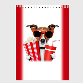 Скетчбук с принтом собака-киноман в Тюмени, 100% бумага
 | 48 листов, плотность листов — 100 г/м2, плотность картонной обложки — 250 г/м2. Листы скреплены сверху удобной пружинной спиралью | Тематика изображения на принте: кино | отдых | очки | попкорн | собака | телефон | терьер