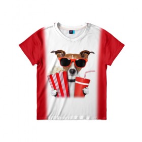 Детская футболка 3D с принтом собака-киноман в Тюмени, 100% гипоаллергенный полиэфир | прямой крой, круглый вырез горловины, длина до линии бедер, чуть спущенное плечо, ткань немного тянется | кино | отдых | очки | попкорн | собака | телефон | терьер