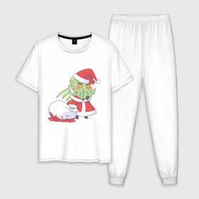 Мужская пижама хлопок с принтом Ктулху в Тюмени, 100% хлопок | брюки и футболка прямого кроя, без карманов, на брюках мягкая резинка на поясе и по низу штанин
 | chibi | padoru | ктулху | монстр | новый год | рождество | сthulhu | чиби