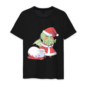 Мужская футболка хлопок с принтом Ктулху в Тюмени, 100% хлопок | прямой крой, круглый вырез горловины, длина до линии бедер, слегка спущенное плечо. | chibi | padoru | ктулху | монстр | новый год | рождество | сthulhu | чиби