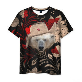 Мужская футболка 3D с принтом Медведь в ушанке в Тюмени, 100% полиэфир | прямой крой, круглый вырез горловины, длина до линии бедер | Тематика изображения на принте: звезда | мишка | патриот | роспись | русский | русь | сибирь | ссср | хохлома | шапка