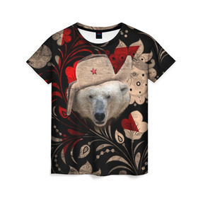 Женская футболка 3D с принтом Медведь в ушанке в Тюмени, 100% полиэфир ( синтетическое хлопкоподобное полотно) | прямой крой, круглый вырез горловины, длина до линии бедер | звезда | мишка | патриот | роспись | русский | русь | сибирь | ссср | хохлома | шапка