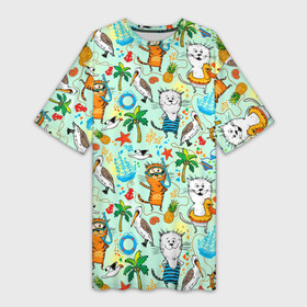 Платье-футболка 3D с принтом Коты на отдыхе в Тюмени,  |  | ананас | веселая | гавайская | голубая | для отпуска | жара | корабль | кот | котики | купальник | лето | море | морская | мотивы | отдыхающим | отпуск | пальмы | пейзаж | пеликан | пляж | солнце