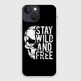 Чехол для iPhone 13 mini с принтом Stay wild and free в Тюмени,  |  | background | black | day of the dead | death | drawing | f | free | halloween | inscription | skeleton | skull | stay | symbol | text | wild | день мертвых | дикий | надпись | оставайся | рисунок | свободный | символ | скелет | текст | фон | хэлл