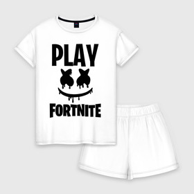 Женская пижама с шортиками хлопок с принтом FORTNITE x MARSHMELLO в Тюмени, 100% хлопок | футболка прямого кроя, шорты свободные с широкой мягкой резинкой | 2019 | armor | armour | cybersport | esport | fortnite | game | llama | logo | броня | игра | киберспорт | лама | фиолетовый | фирменные цвета | фортнайт