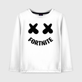 Детский лонгслив хлопок с принтом FORTNITE x MARSHMELLO в Тюмени, 100% хлопок | круглый вырез горловины, полуприлегающий силуэт, длина до линии бедер | 2019 | armor | armour | cybersport | esport | fortnite | game | llama | logo | броня | игра | киберспорт | лама | фиолетовый | фирменные цвета | фортнайт