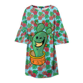 Детское платье 3D с принтом Веселый кактус в Тюмени, 100% полиэстер | прямой силуэт, чуть расширенный к низу. Круглая горловина, на рукавах — воланы | веселый кактус | зеленый | иголки | кактусы | колючий | летний | лето | настроение | прикольный | радостный | счастье | цветок | цветы | эмоции