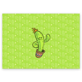 Поздравительная открытка с принтом Веселый кактус в Тюмени, 100% бумага | плотность бумаги 280 г/м2, матовая, на обратной стороне линовка и место для марки
 | Тематика изображения на принте: веселый кактус | зеленый | иголки | кактусы | колючий | летний | лето | настроение | прикольный | радостный | счастье | цветок | цветы | эмоции