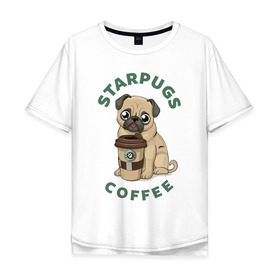 Мужская футболка хлопок Oversize с принтом Мопс с Кофе (Пародия) в Тюмени, 100% хлопок | свободный крой, круглый ворот, “спинка” длиннее передней части | Тематика изображения на принте: coffee | pug | кофе | мопс | собака | собаки