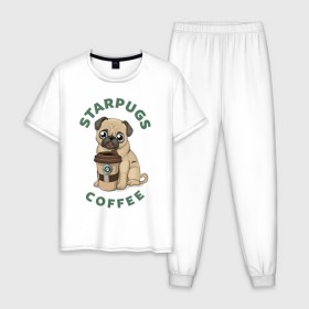 Мужская пижама хлопок с принтом Мопс с Кофе (Пародия) в Тюмени, 100% хлопок | брюки и футболка прямого кроя, без карманов, на брюках мягкая резинка на поясе и по низу штанин
 | Тематика изображения на принте: coffee | pug | кофе | мопс | собака | собаки