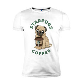 Мужская футболка премиум с принтом Мопс с Кофе (Пародия) в Тюмени, 92% хлопок, 8% лайкра | приталенный силуэт, круглый вырез ворота, длина до линии бедра, короткий рукав | Тематика изображения на принте: coffee | pug | кофе | мопс | собака | собаки