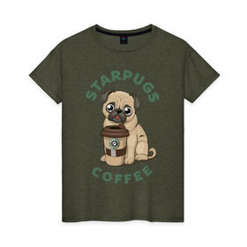 Женская футболка хлопок с принтом Мопс с Кофе (Пародия) в Тюмени, 100% хлопок | прямой крой, круглый вырез горловины, длина до линии бедер, слегка спущенное плечо | Тематика изображения на принте: coffee | pug | кофе | мопс | собака | собаки
