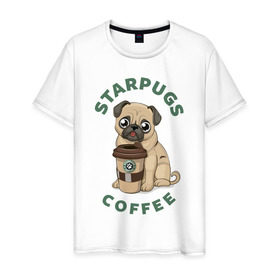 Мужская футболка хлопок с принтом Мопс с Кофе (Пародия) в Тюмени, 100% хлопок | прямой крой, круглый вырез горловины, длина до линии бедер, слегка спущенное плечо. | Тематика изображения на принте: coffee | pug | кофе | мопс | собака | собаки