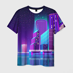 Мужская футболка 3D с принтом Neon Nights в Тюмени, 100% полиэфир | прямой крой, круглый вырез горловины, длина до линии бедер | Тематика изображения на принте: city | neon синтвейв | retrowave | synthwave | горо | неон | ночь | ретровейв
