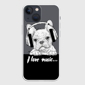 Чехол для iPhone 13 mini с принтом I love music… в Тюмени,  |  | animal | black | breed | dog | drawing | fon | graphics | gray | head | headphones | i | inscription | look | love | music | muzzle | text | взгляд | голова | графика | животное | люблю | музыка | надпись | наушники | порода | рисунок | серый | со