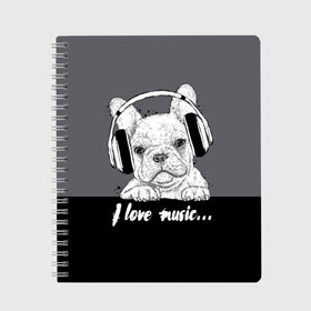 Тетрадь с принтом I love music… в Тюмени, 100% бумага | 48 листов, плотность листов — 60 г/м2, плотность картонной обложки — 250 г/м2. Листы скреплены сбоку удобной пружинной спиралью. Уголки страниц и обложки скругленные. Цвет линий — светло-серый
 | animal | black | breed | dog | drawing | fon | graphics | gray | head | headphones | i | inscription | look | love | music | muzzle | text | взгляд | голова | графика | животное | люблю | музыка | надпись | наушники | порода | рисунок | серый | со