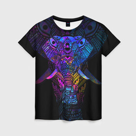 Женская футболка 3D с принтом Слон в Тюмени, 100% полиэфир ( синтетическое хлопкоподобное полотно) | прямой крой, круглый вырез горловины, длина до линии бедер | african | animal | big | bright | colorful | drawing | ears | elephant | ethnic | fangs | gr | ornament | pattern | trunk | африканский | большой | графика | животное | клыки | орнамент | разноцветный | рисунок | слон | трафарет | узор | уши | фон | хобот