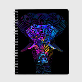 Тетрадь с принтом Слон в Тюмени, 100% бумага | 48 листов, плотность листов — 60 г/м2, плотность картонной обложки — 250 г/м2. Листы скреплены сбоку удобной пружинной спиралью. Уголки страниц и обложки скругленные. Цвет линий — светло-серый
 | african | animal | big | bright | colorful | drawing | ears | elephant | ethnic | fangs | gr | ornament | pattern | trunk | африканский | большой | графика | животное | клыки | орнамент | разноцветный | рисунок | слон | трафарет | узор | уши | фон | хобот
