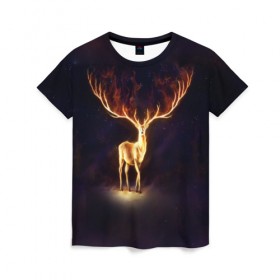 Женская футболка 3D с принтом Огненный олень в Тюмени, 100% полиэфир ( синтетическое хлопкоподобное полотно) | прямой крой, круглый вырез горловины, длина до линии бедер | deer | fire | flame | horns | огонь | пламя | рога