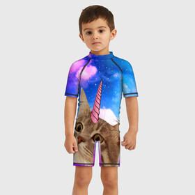 Детский купальный костюм 3D с принтом Кот   единорог в Тюмени, Полиэстер 85%, Спандекс 15% | застежка на молнии на спине | big | арт | крупные арты | крупные принты | сумасшедшие арты