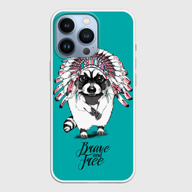 Чехол для iPhone 13 Pro с принтом Brave and free в Тюмени,  |  | animal | background | brave | chief | drawing | feathers | free | graphics | green | indian | look | mohawk | raccoon | wild | взгляд | вождь | графика | дикий | енот | животное | зелёный | индеец | ирокез | любовь | надпись | перья | рисунок | свободный 