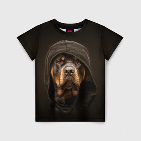 Детская футболка 3D с принтом Ротвейлер в капюшоне  в Тюмени, 100% гипоаллергенный полиэфир | прямой крой, круглый вырез горловины, длина до линии бедер, чуть спущенное плечо, ткань немного тянется | rottweiler | капюшон | молоссы | пастух | пёс | собака | щенок