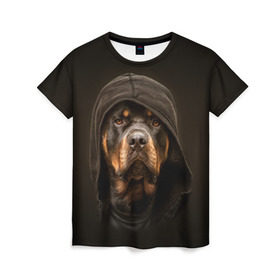 Женская футболка 3D с принтом Ротвейлер в капюшоне в Тюмени, 100% полиэфир ( синтетическое хлопкоподобное полотно) | прямой крой, круглый вырез горловины, длина до линии бедер | rottweiler | капюшон | молоссы | пастух | пёс | собака | щенок