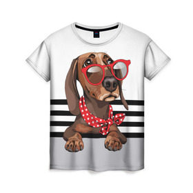 Женская футболка 3D с принтом Такса в очках в Тюмени, 100% полиэфир ( синтетическое хлопкоподобное полотно) | прямой крой, круглый вырез горловины, длина до линии бедер | animal | black | breed | dachshund | dog | domestic | drawing | gra | polka | red | shawl | stripes | white | белый | горошек | графика | домашняя | животное | красный | надпись | очки | платок | полосы | порода | рисунок | собака | такса | текс