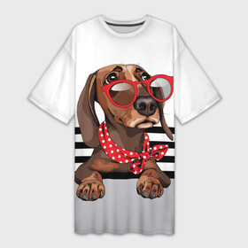 Платье-футболка 3D с принтом Такса в очках в Тюмени,  |  | Тематика изображения на принте: animal | black | breed | dachshund | dog | domestic | drawing | gra | polka | red | shawl | stripes | white | белый | горошек | графика | домашняя | животное | красный | надпись | очки | платок | полосы | порода | рисунок | собака | такса | текс