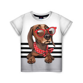 Детская футболка 3D с принтом Такса в очках в Тюмени, 100% гипоаллергенный полиэфир | прямой крой, круглый вырез горловины, длина до линии бедер, чуть спущенное плечо, ткань немного тянется | Тематика изображения на принте: animal | black | breed | dachshund | dog | domestic | drawing | gra | polka | red | shawl | stripes | white | белый | горошек | графика | домашняя | животное | красный | надпись | очки | платок | полосы | порода | рисунок | собака | такса | текс