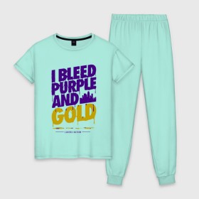 Женская пижама хлопок с принтом Lakers Nation в Тюмени, 100% хлопок | брюки и футболка прямого кроя, без карманов, на брюках мягкая резинка на поясе и по низу штанин | 