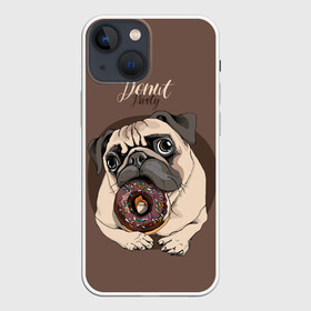 Чехол для iPhone 13 mini с принтом Donut party в Тюмени,  |  | animal | baking | breed | chocolate | dog | donut | dr | eating | homemade | looking | party | pug | sweetness | вечеринка | выпечка | графика | домашнее | животное | картинка | кушает | мопс | надпись | пончик | порода | рисунок | сладость