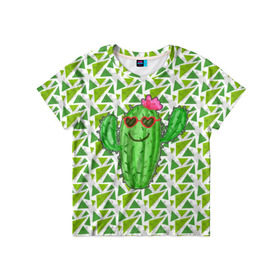 Детская футболка 3D с принтом Позитивный кактус в Тюмени, 100% гипоаллергенный полиэфир | прямой крой, круглый вырез горловины, длина до линии бедер, чуть спущенное плечо, ткань немного тянется | Тематика изображения на принте: веселый кактус | зеленый | иголки | кактусы | колючий | летний | лето | настроение | прикольный | радостный | счастье | цветок | цветы | эмоции
