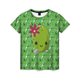 Женская футболка 3D с принтом Милый кактус в Тюмени, 100% полиэфир ( синтетическое хлопкоподобное полотно) | прямой крой, круглый вырез горловины, длина до линии бедер | веселый кактус | зеленый | иголки | кактусы | колючий | летний | лето | настроение | прикольный | радостный | счастье | цветок | цветы | эмоции