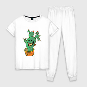 Женская пижама хлопок с принтом Веселый кактус в Тюмени, 100% хлопок | брюки и футболка прямого кроя, без карманов, на брюках мягкая резинка на поясе и по низу штанин | 