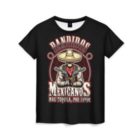 Женская футболка 3D с принтом Bandidos в Тюмени, 100% полиэфир ( синтетическое хлопкоподобное полотно) | прямой крой, круглый вырез горловины, длина до линии бедер | cartridges | drawing | graphic | hat | mexican | mexico | ornament | patterns | revolvers | rope | tape | tequila | thug | weapon | бандит | верёвка | графика | лента | мексика | мексиканский | орнамент | оружие | патроны | револьверы | рисунок | текила |