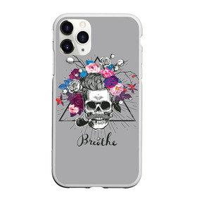 Чехол для iPhone 11 Pro матовый с принтом Breathe в Тюмени, Силикон |  | berr | bones | breathe | flowers | skeleton | skull | венок | графика | день мертвых | дышать | звезды | кости | ленты | лучи | мексика | праздник | рисунок | розы | серый | символ | скелет | треугольник | трубка | усы | фон