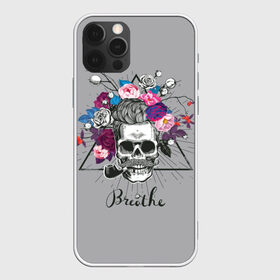 Чехол для iPhone 12 Pro Max с принтом Breathe в Тюмени, Силикон |  | berr | bones | breathe | flowers | skeleton | skull | венок | графика | день мертвых | дышать | звезды | кости | ленты | лучи | мексика | праздник | рисунок | розы | серый | символ | скелет | треугольник | трубка | усы | фон