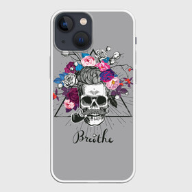 Чехол для iPhone 13 mini с принтом Breathe в Тюмени,  |  | berr | bones | breathe | flowers | skeleton | skull | венок | графика | день мертвых | дышать | звезды | кости | ленты | лучи | мексика | праздник | рисунок | розы | серый | символ | скелет | треугольник | трубка | усы | фон
