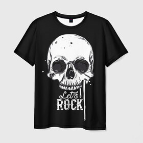 Мужская футболка 3D с принтом Let is rock в Тюмени, 100% полиэфир | прямой крой, круглый вырез горловины, длина до линии бедер | bones | death | drawing | drops | flowing | graphic | music | rock | skeleton | skull | splashes | style | symbol | брызги | графика | день мертвых | капли | кости | мексика | музыка | праздник | рисунок | рок | символ | скелет | стиль | течёт | 
