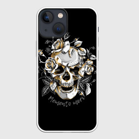 Чехол для iPhone 13 mini с принтом Memento mori в Тюмени,  |  | blac | death | drawing | flowers | graphics | head | ornament | patterns | remember | roses | skeleton | skull | symbol | голова | графика | надпись | орнамент | помни | рисунок | розы | символ | скелет | текст | узоры | фон | цветы | череп | чер