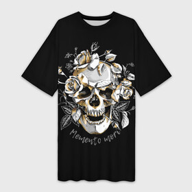 Платье-футболка 3D с принтом Memento mori в Тюмени,  |  | blac | death | drawing | flowers | graphics | head | ornament | patterns | remember | roses | skeleton | skull | symbol | голова | графика | надпись | орнамент | помни | рисунок | розы | символ | скелет | текст | узоры | фон | цветы | череп | чер