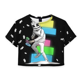 Женская футболка 3D укороченная с принтом Marshmello в Тюмени, 100% полиэстер | круглая горловина, длина футболки до линии талии, рукава с отворотами | dj | electro | electronic | marshmello | mask | music | зефир | маршмелоу | музыка