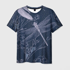 Мужская футболка 3D с принтом Стрекоза в Тюмени, 100% полиэфир | прямой крой, круглый вырез горловины, длина до линии бедер | botanical | floral | flower | pattern | spring | весна | орнамент | растение | растения | растительный | стрекоза | узор