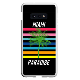 Чехол для Samsung S10E с принтом Miami Paradise в Тюмени, Силикон | Область печати: задняя сторона чехла, без боковых панелей | america | city | colorful | drawing | grap | miami | palm tree | paradise | recreation | resort | stripes | tree | usa | world | америка | город | графика | дерево | курорт | майами | мировой | надпись | отдых | пальма | полосы | разноцветные | рай | рису