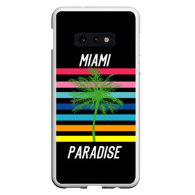 Чехол для Samsung S10E с принтом Miami Paradise в Тюмени, Силикон | Область печати: задняя сторона чехла, без боковых панелей | Тематика изображения на принте: america | city | colorful | drawing | grap | miami | palm tree | paradise | recreation | resort | stripes | tree | usa | world | америка | город | графика | дерево | курорт | майами | мировой | надпись | отдых | пальма | полосы | разноцветные | рай | рису