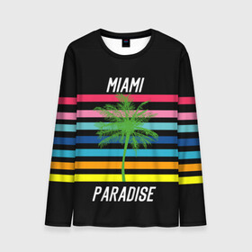 Мужской лонгслив 3D с принтом Miami Paradise в Тюмени, 100% полиэстер | длинные рукава, круглый вырез горловины, полуприлегающий силуэт | america | city | colorful | drawing | grap | miami | palm tree | paradise | recreation | resort | stripes | tree | usa | world | америка | город | графика | дерево | курорт | майами | мировой | надпись | отдых | пальма | полосы | разноцветные | рай | рису