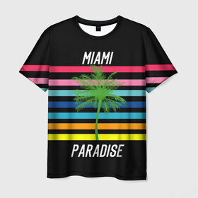Мужская футболка 3D с принтом Miami Paradise в Тюмени, 100% полиэфир | прямой крой, круглый вырез горловины, длина до линии бедер | america | city | colorful | drawing | grap | miami | palm tree | paradise | recreation | resort | stripes | tree | usa | world | америка | город | графика | дерево | курорт | майами | мировой | надпись | отдых | пальма | полосы | разноцветные | рай | рису